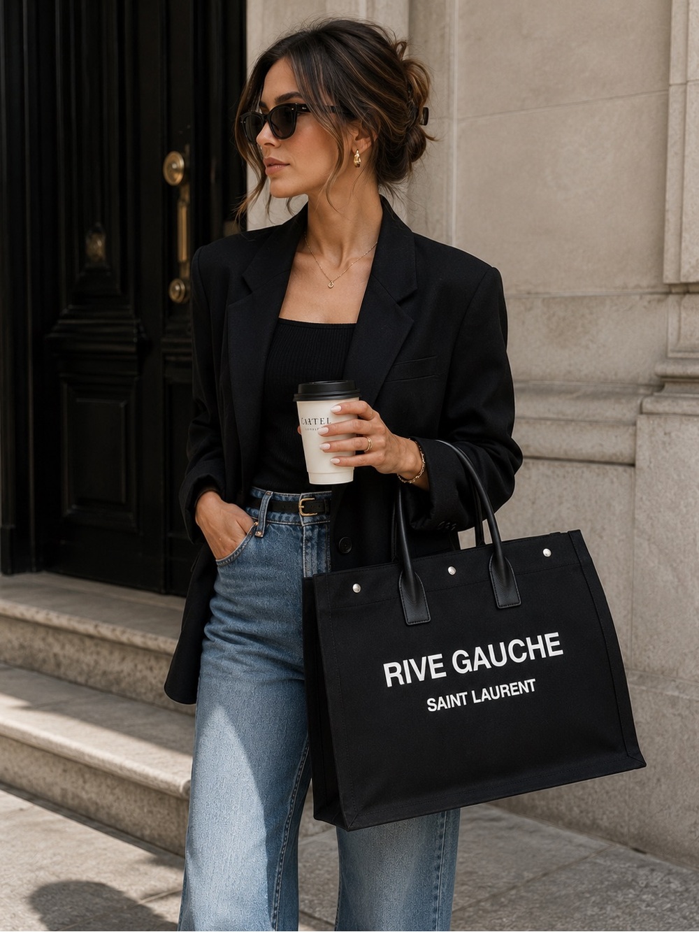 Saint Laurent Black Rive Gauche Canvas Tote with White Logo